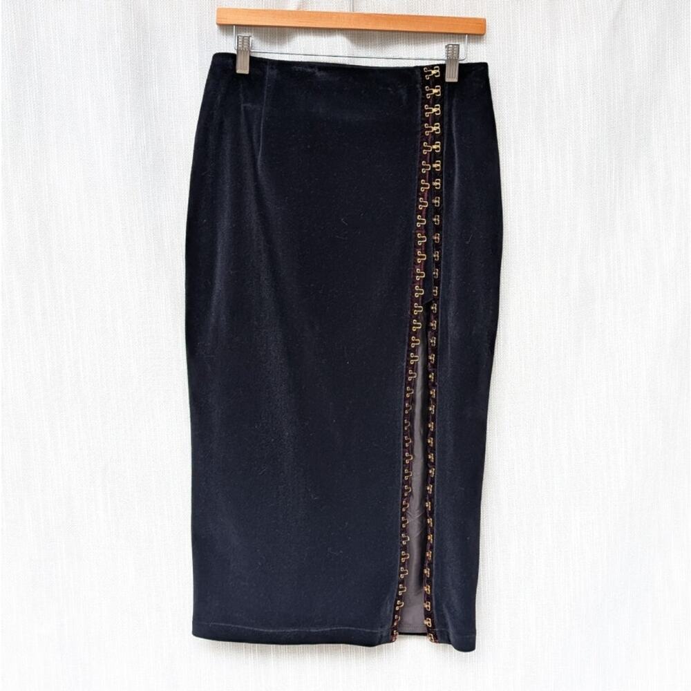 Gin Gin Paris Vintage Navy/Black Velvet Hook & Eye Pencil Midi Skirt, size S-M